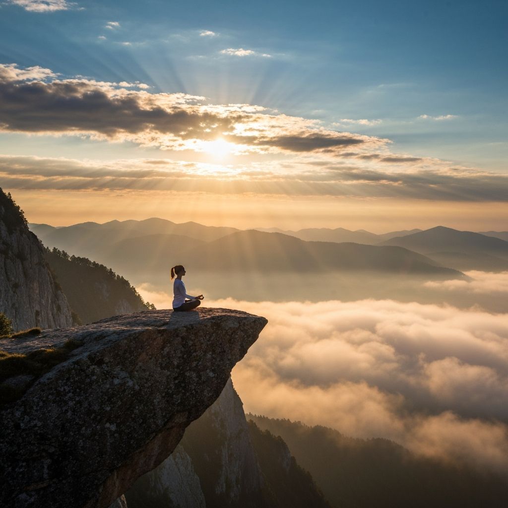 Person meditating on mountain cliff at sunrise